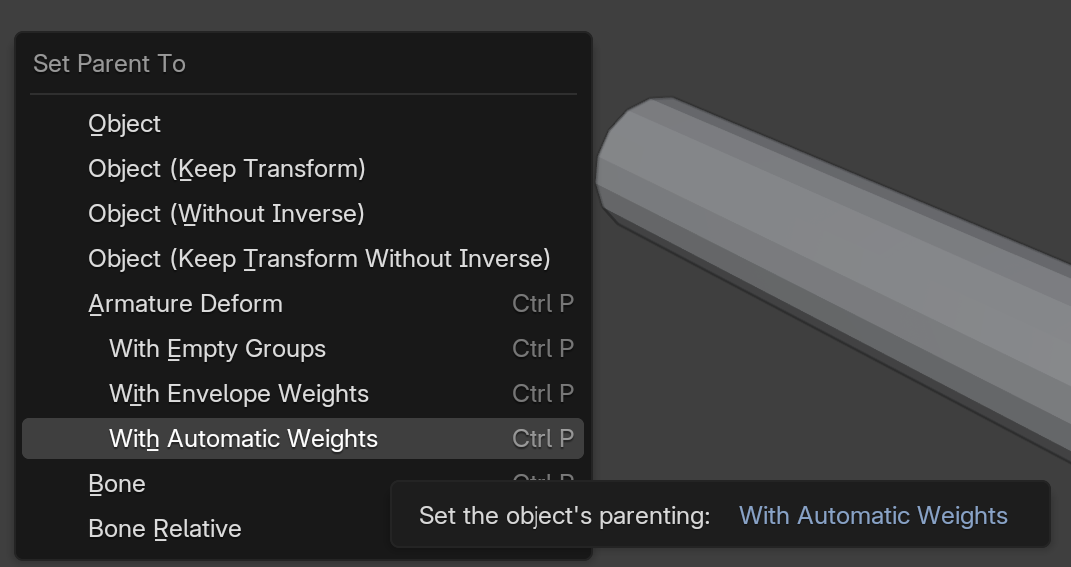 The Blender Set Parent To menu opened with Ctrl+P over a mesh and armature, with the "With Automatic Weights" option highlighted and its tooltip visible at lower right.