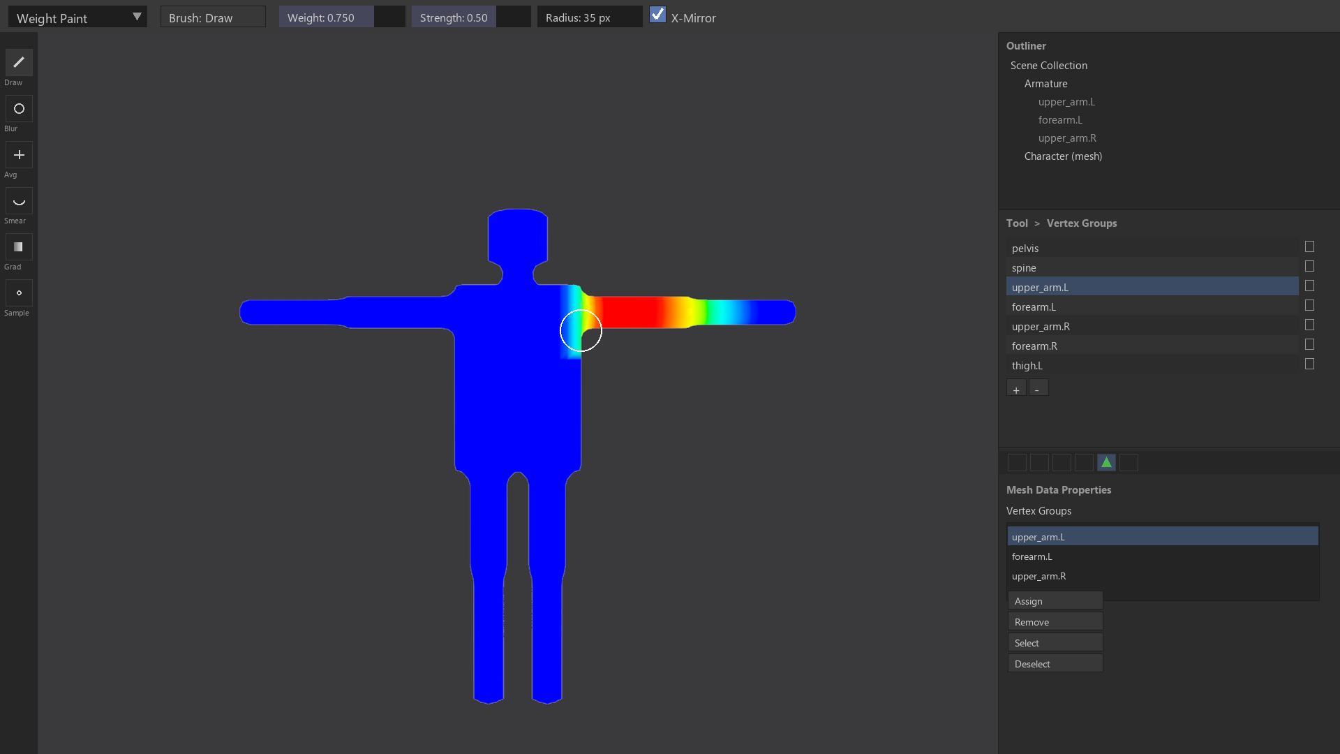 Blender Weight Paint mode interface with brush header, left brush toolbar, central weight-painted character, and the Vertex Groups list on the right