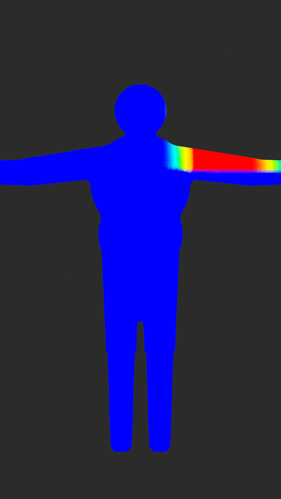 A T-pose humanoid in Weight Paint Mode with upper_arm.L selected: a red 1.0 core along the upper arm, a cyan-to-yellow blend at the shoulder, and the rest of the body solid blue at 0.0.