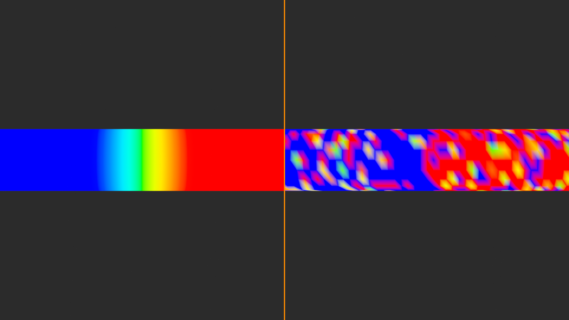 Auto-weight quality comparison: left band shows a smooth blue-to-red weight gradient (good result), right band shows spotty, patchy weights with hard jumps (bad result needing cleanup).