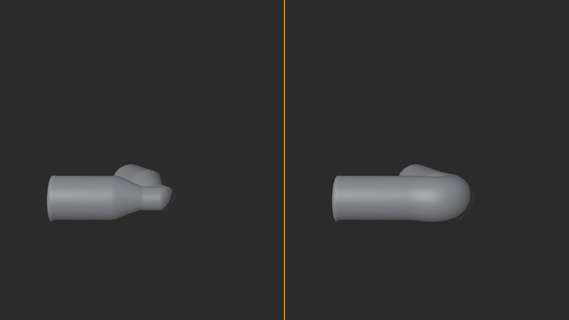 Two limb renders side by side. Left: a bent limb whose joint cross-section collapses into a thin waist (volume loss). Right: the same bend with a full rounded joint that keeps its mass (volume preserved).