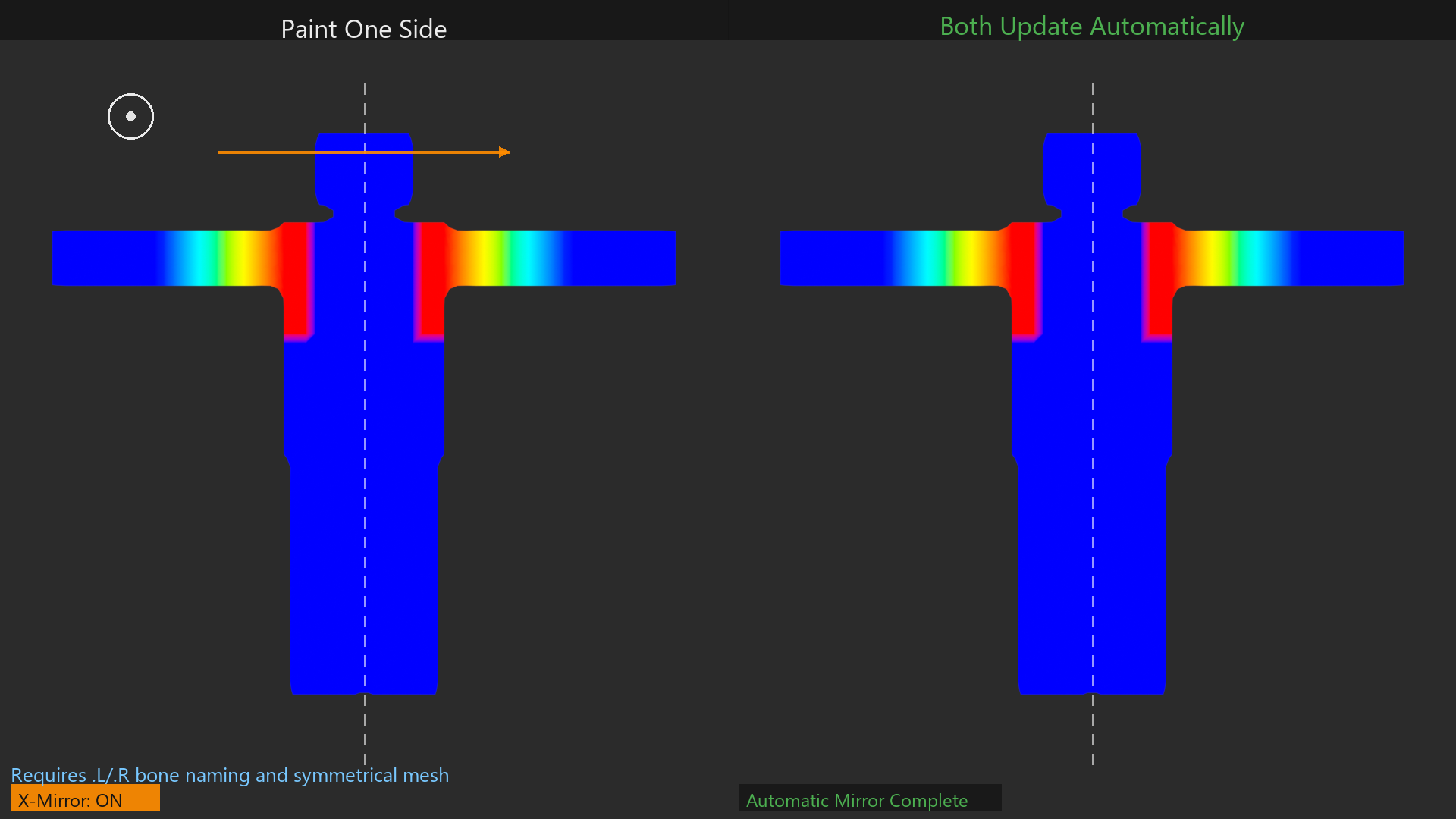 X-Mirror painting: paint one side and Blender mirrors weights to the matching side automatically