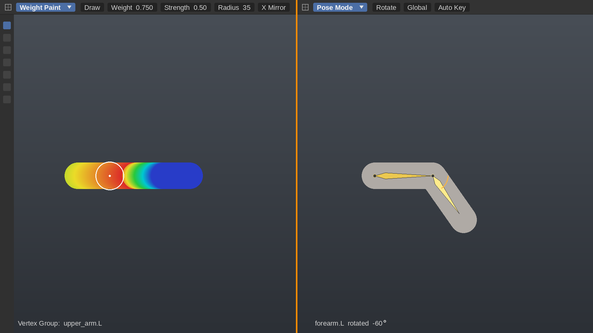Split-screen Blender workflow: left half is a Weight Paint viewport showing a vertex-group color ramp with a brush cursor (upper_arm.L); right half is a Pose Mode viewport showing the same arm armature with the forearm rotated -60 degrees so the deformation can be tested immediately.