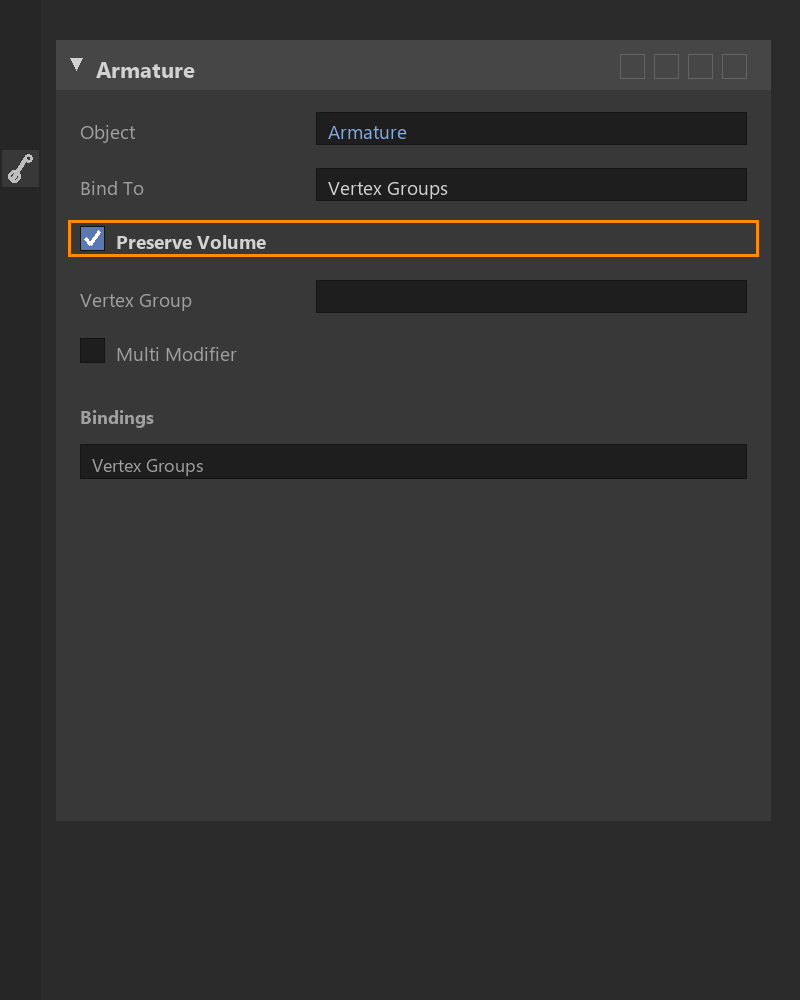 Blender Armature modifier panel showing Object set to Armature, Bind To Vertex Groups, and Preserve Volume enabled