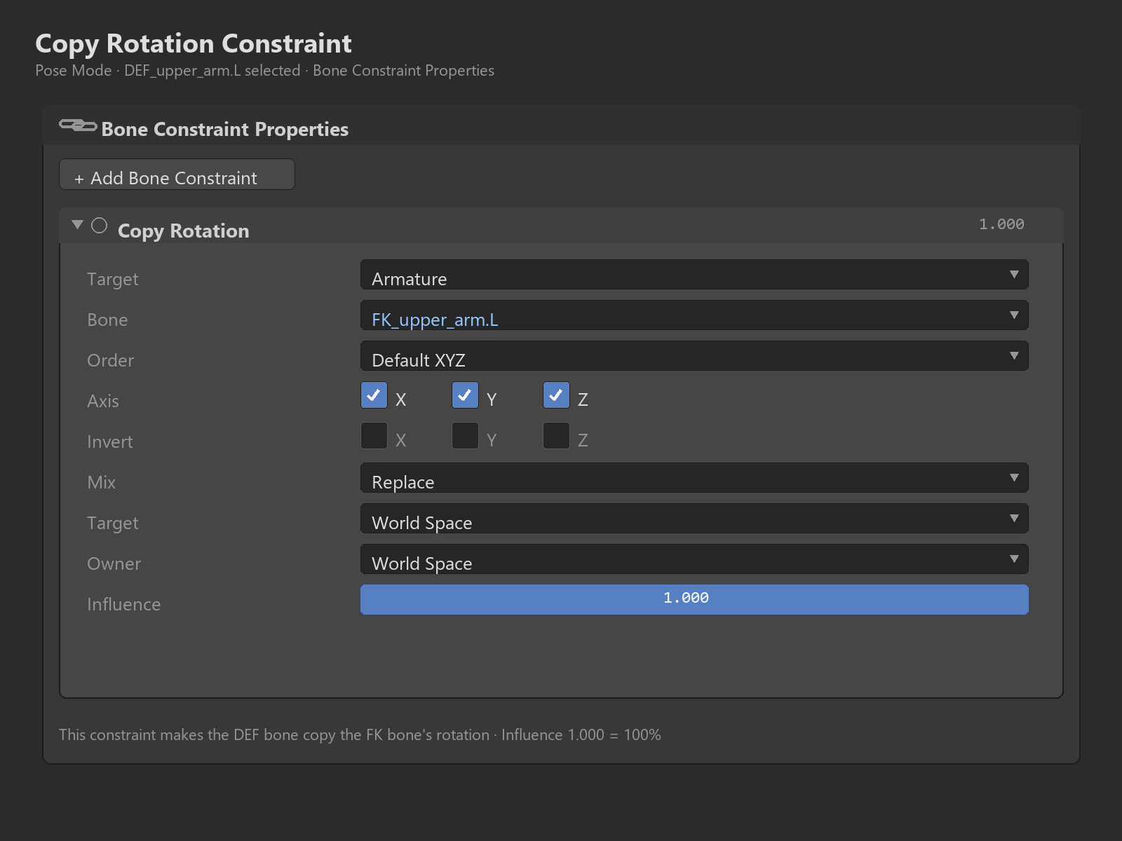 Copy Rotation constraint panel with an owner bone mirroring a target bone's rotation, showing the axis toggles and influence slider