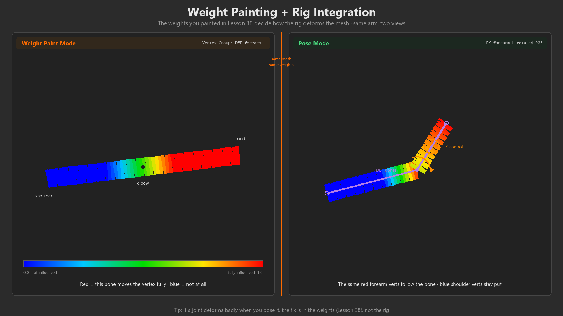 Split-screen linking weight painting to rigging: a Weight Paint Mode view of a painted arm on the left and a Pose Mode view of the same mesh bending at the elbow on the right, sharing the same weights