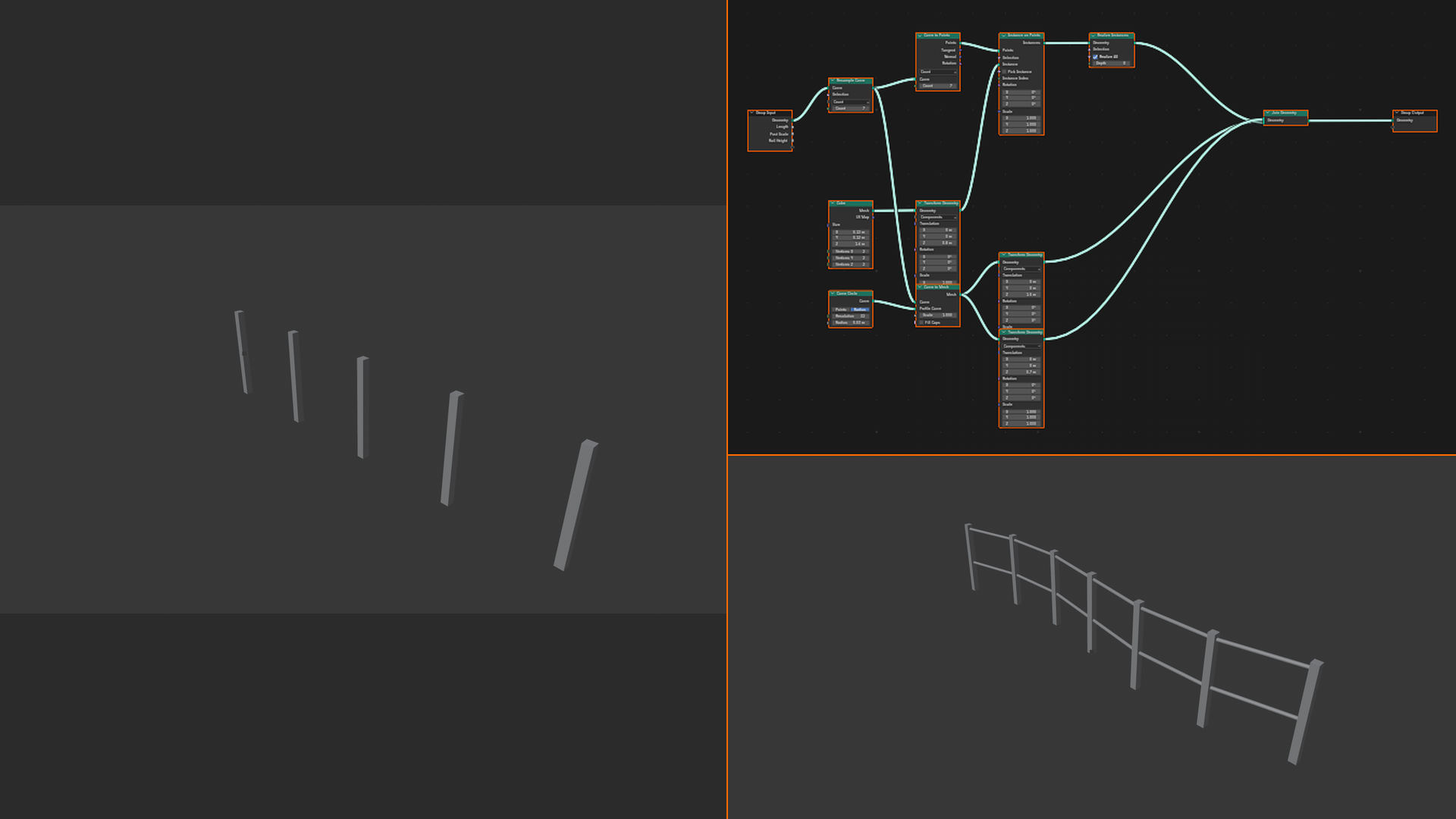 Side by side comparison. On the left, five fence posts placed by hand, uneven and tedious. On the right, a Geometry Nodes tree at top produces a clean procedural fence following an S-curve at bottom.
