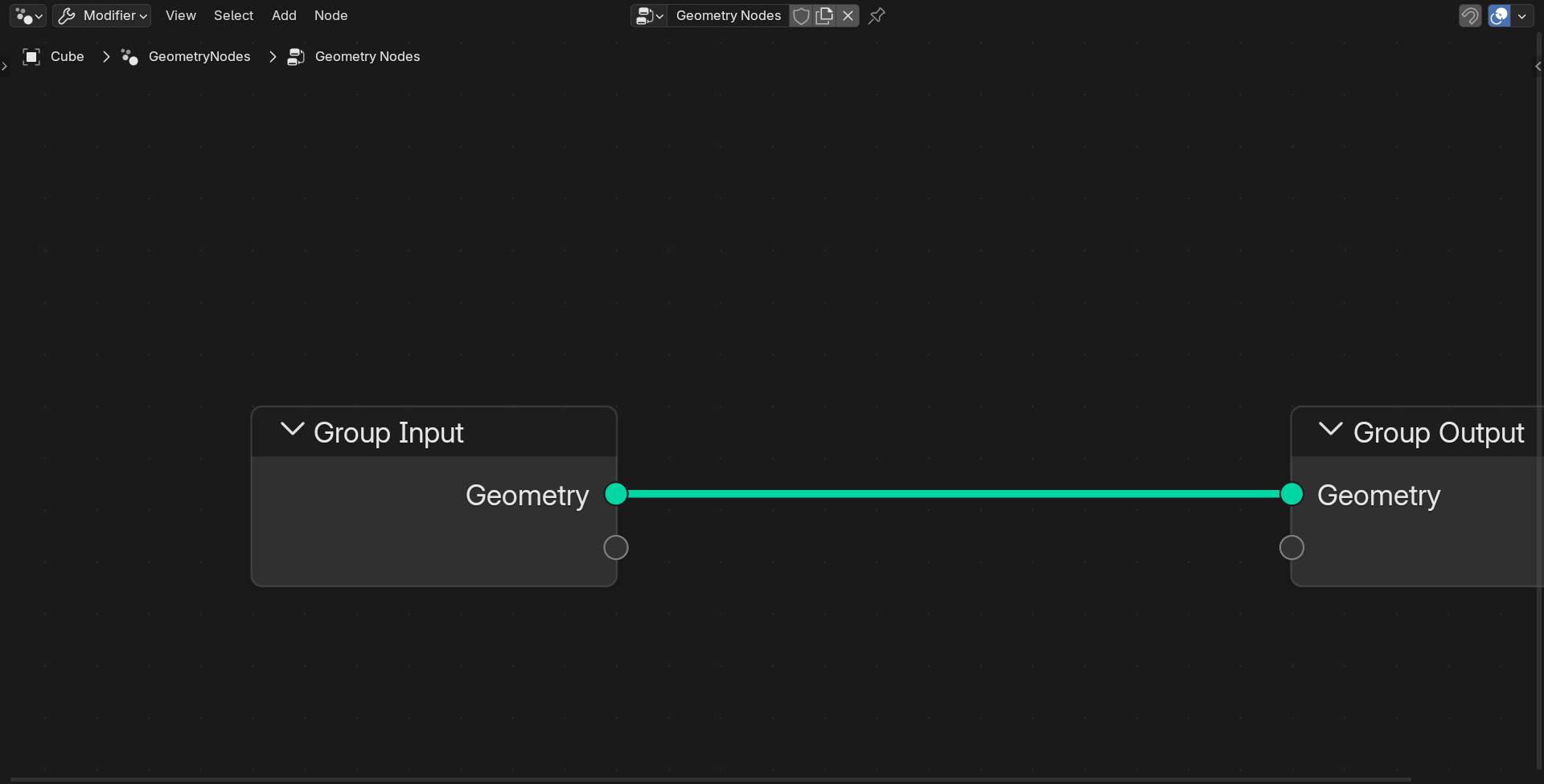 The Geometry Nodes editor with three regions labeled: the Header Bar at the top holding the editor menu and object breadcrumb, the large Node Workspace grid in the center, and the Group Input and Group Output nodes joined by a green Geometry link.