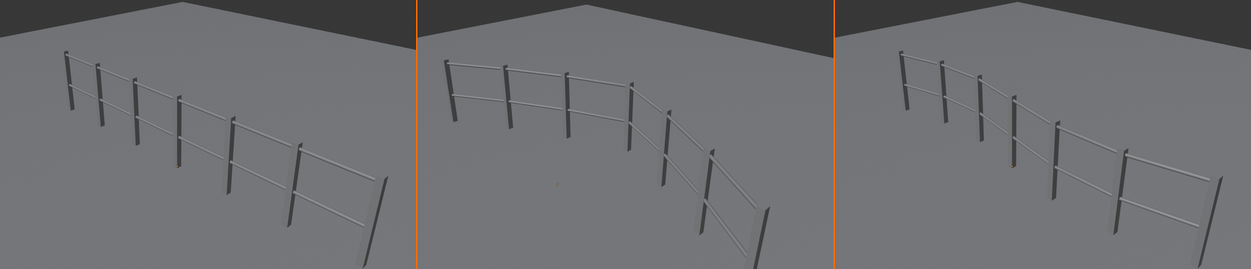 The same procedural fence system driven by three different input curves: a straight path, a gently curved path, and an S-curve path, each producing correctly spaced posts and rails that follow the curve.