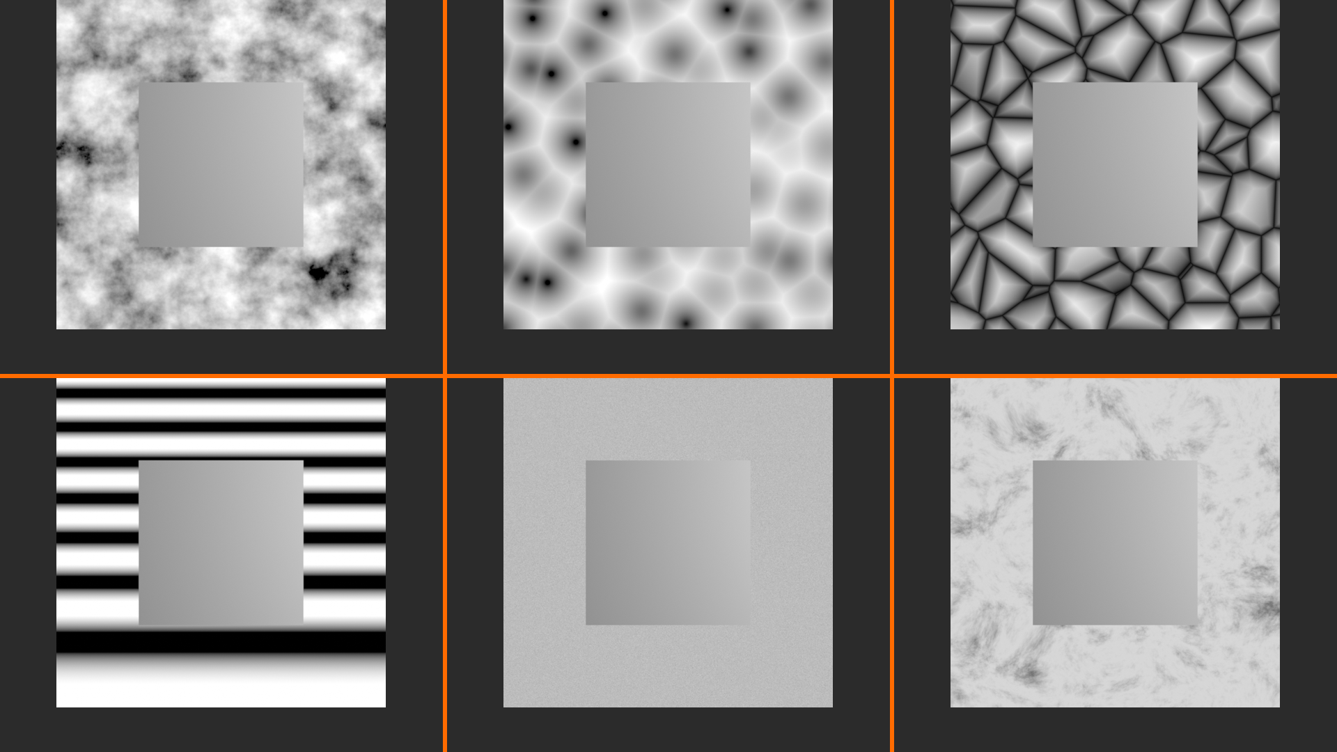 Six noise texture types shown as grayscale height maps.