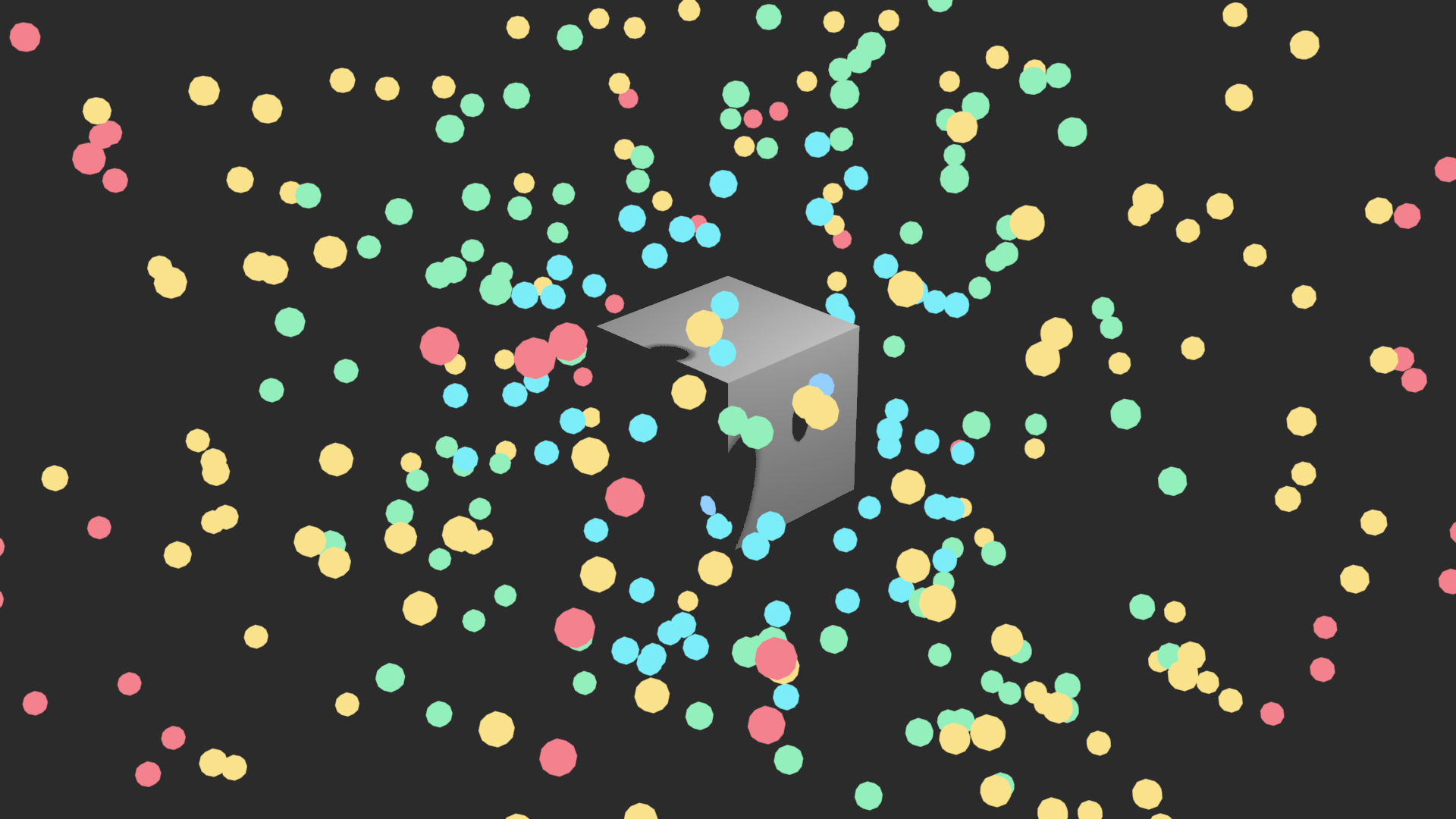 A point cloud colored by distance to a central target object.