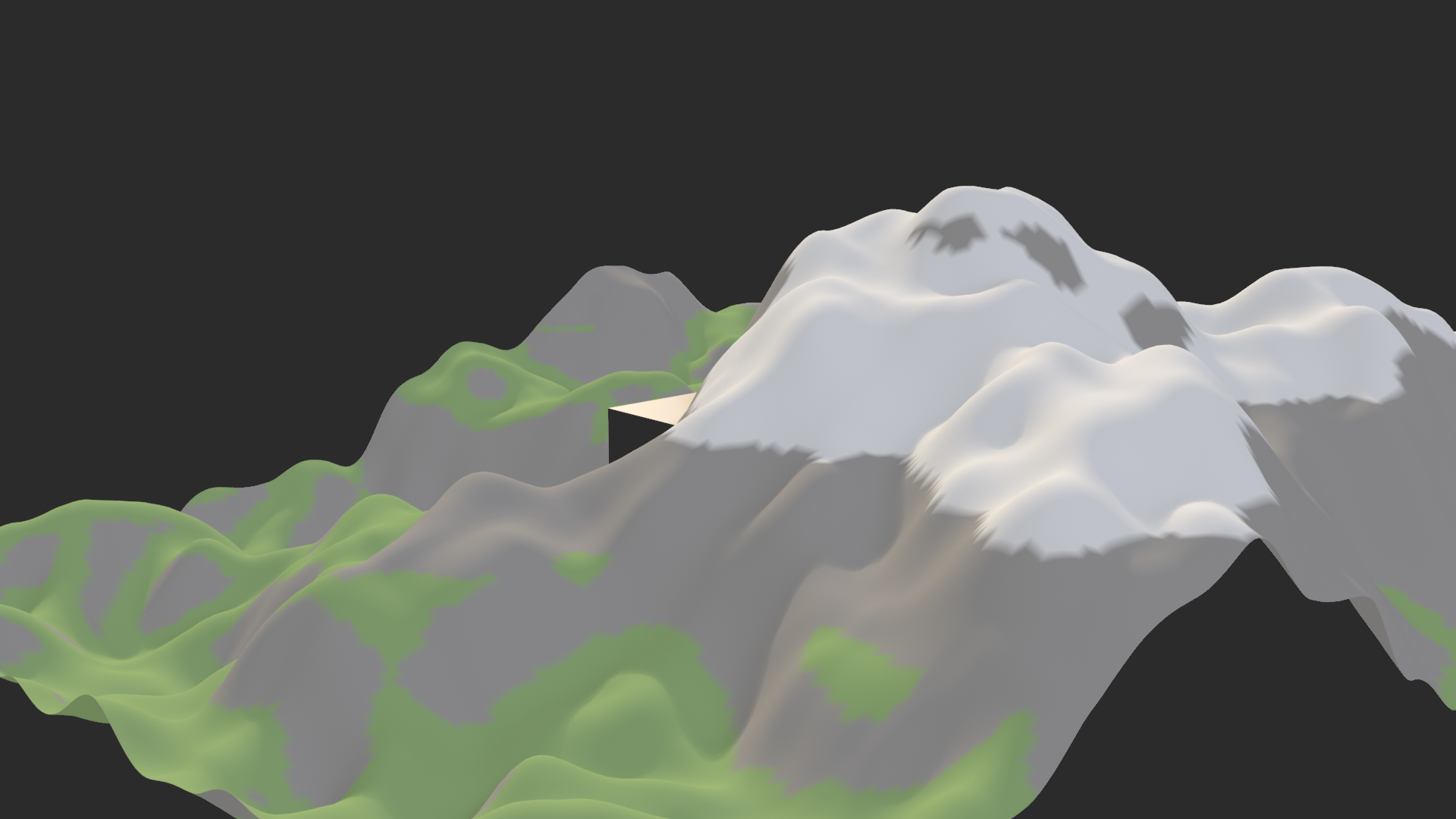 A rendered procedural terrain with grass, rock, and snow zones.