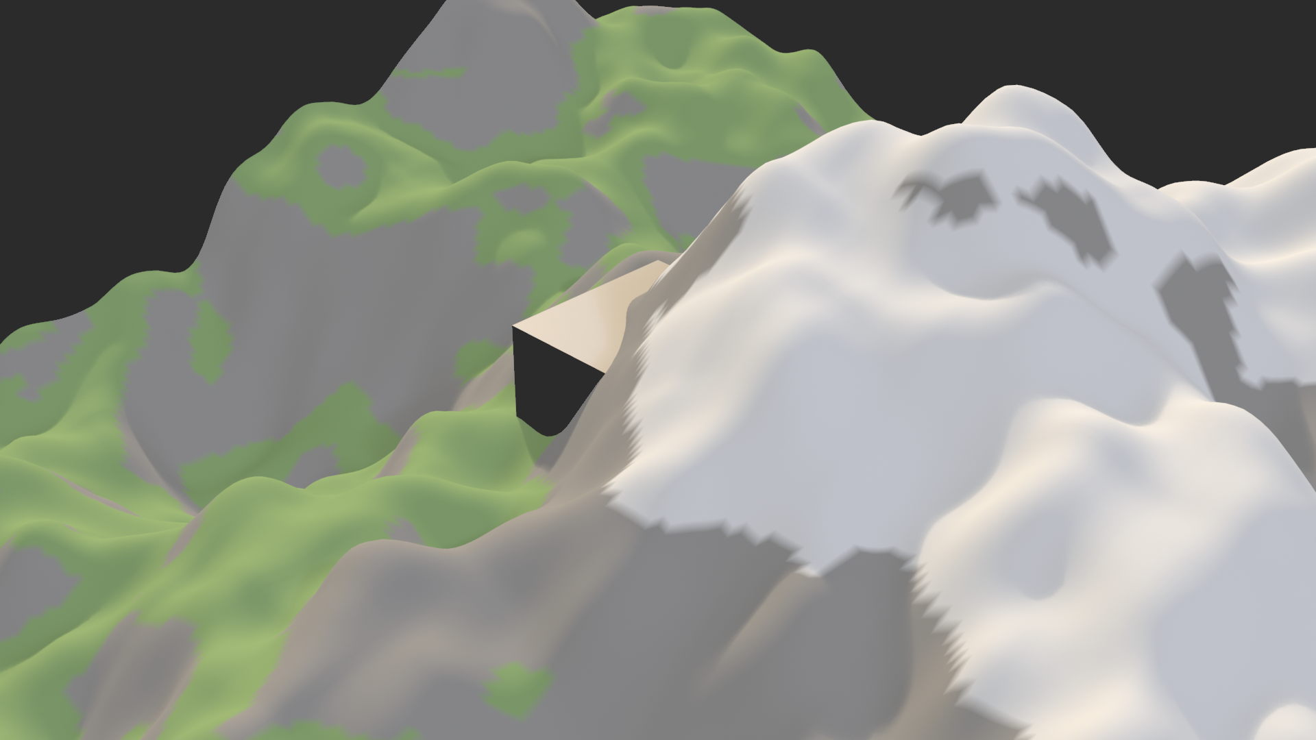 Terrain showing automatic grass, rock, and snow material zones.