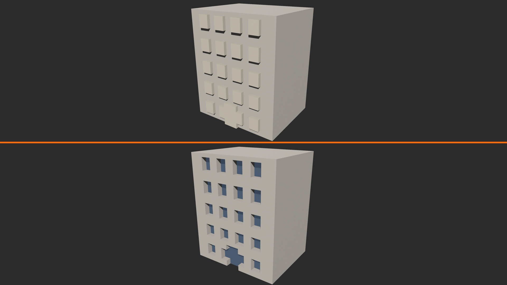 A building before and after Boolean window and door cutouts.