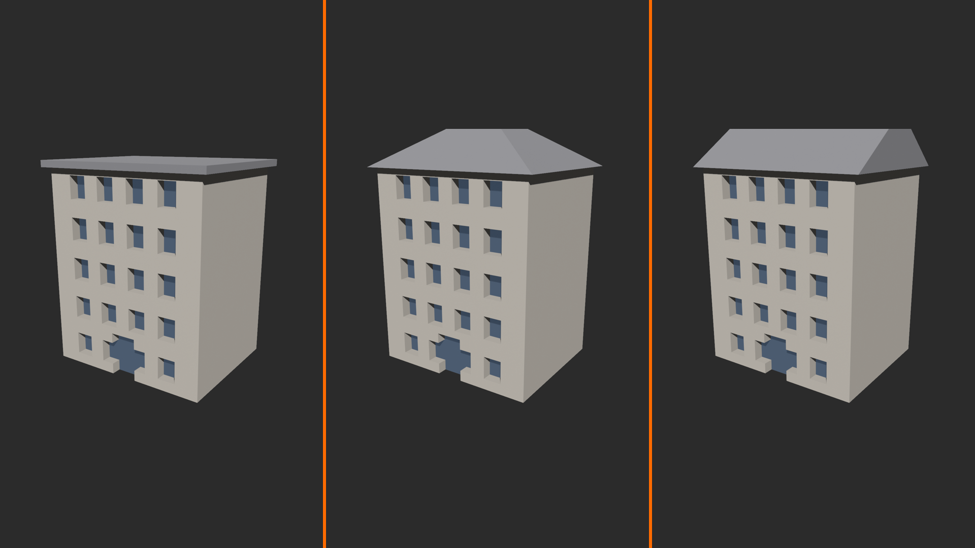 The same building with flat, peaked, and gabled roofs.