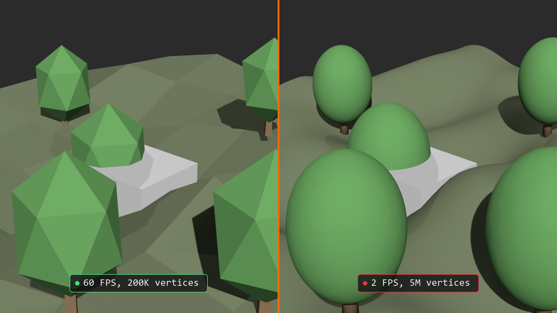 A low-detail fast viewport version beside a high-detail render version.