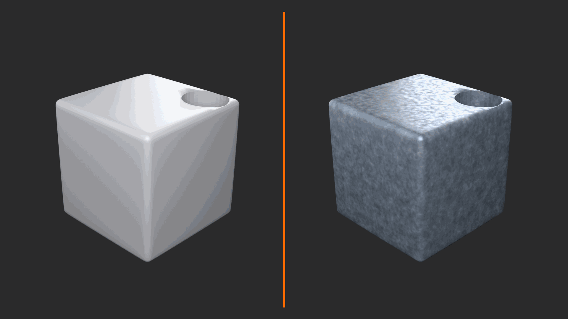 Same object rendered twice, flat single-color amateur material on the left, layered professional material with edge wear and crevice dirt on the right