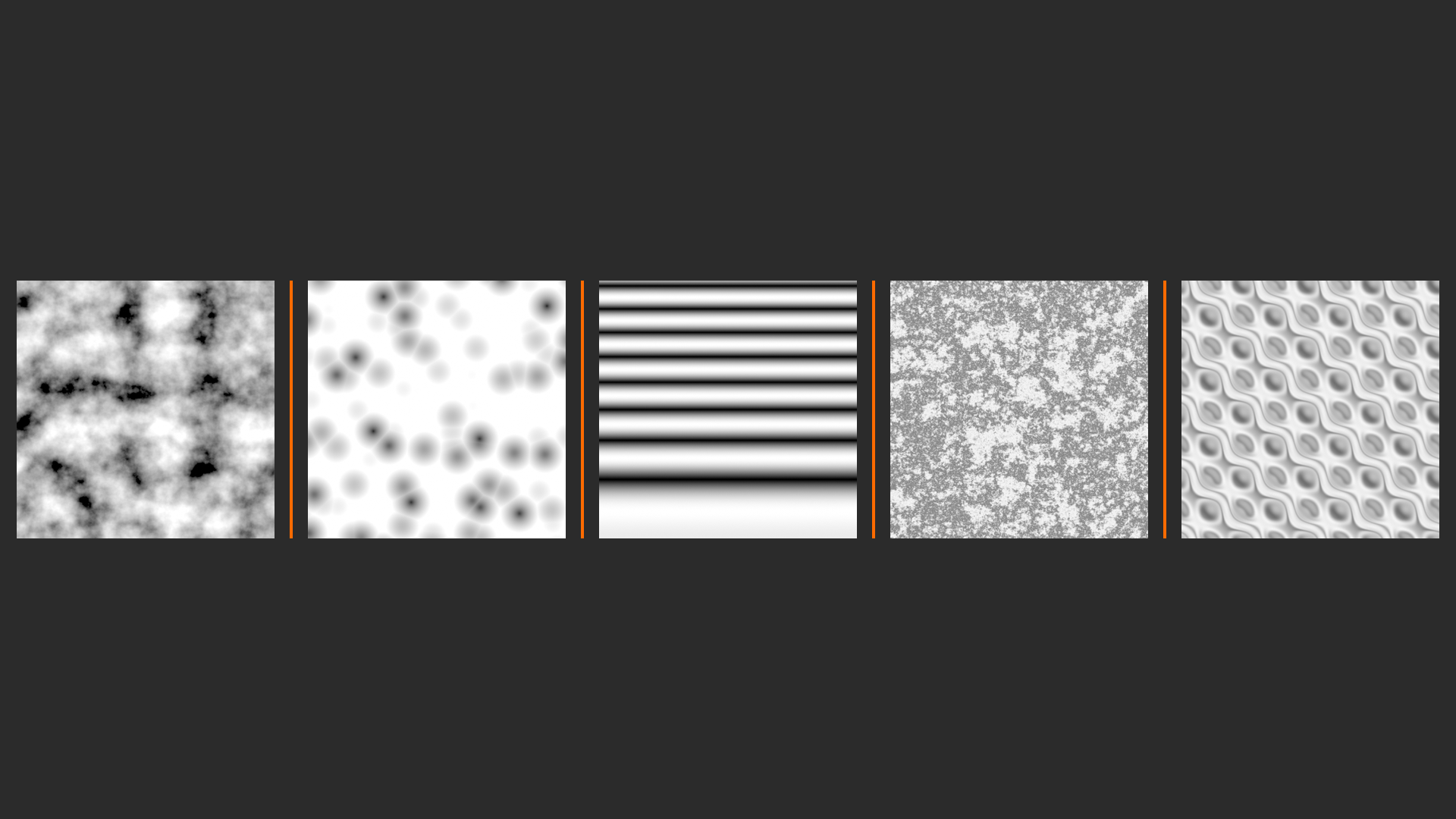 Five procedural texture swatches in a row, Noise, Voronoi, Wave rings, Musgrave-style ridged, and Magic
