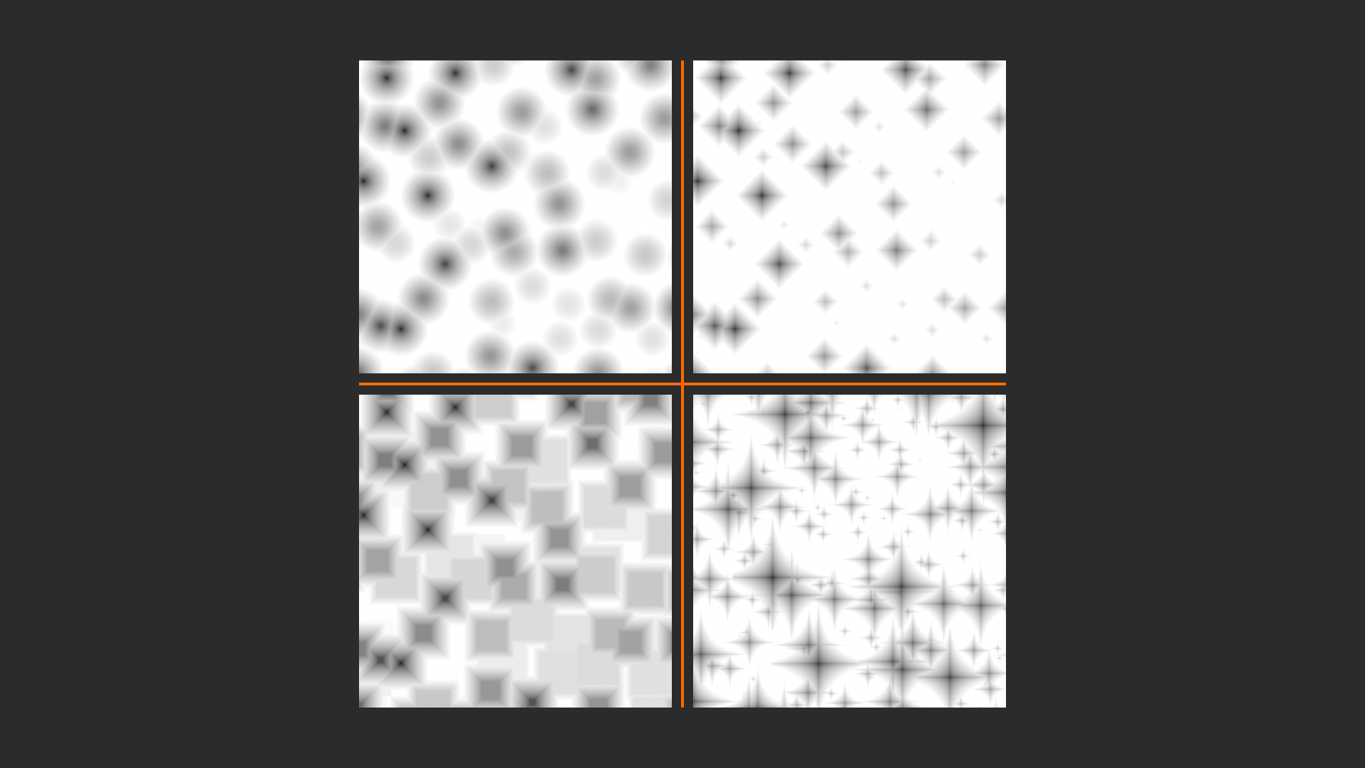 Four Voronoi patterns using Euclidean, Manhattan, Chebychev, and Minkowski distance metrics