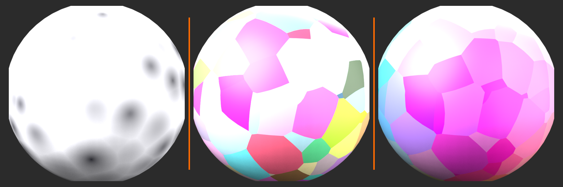 Three Voronoi swatches showing Distance, Color, and Position outputs