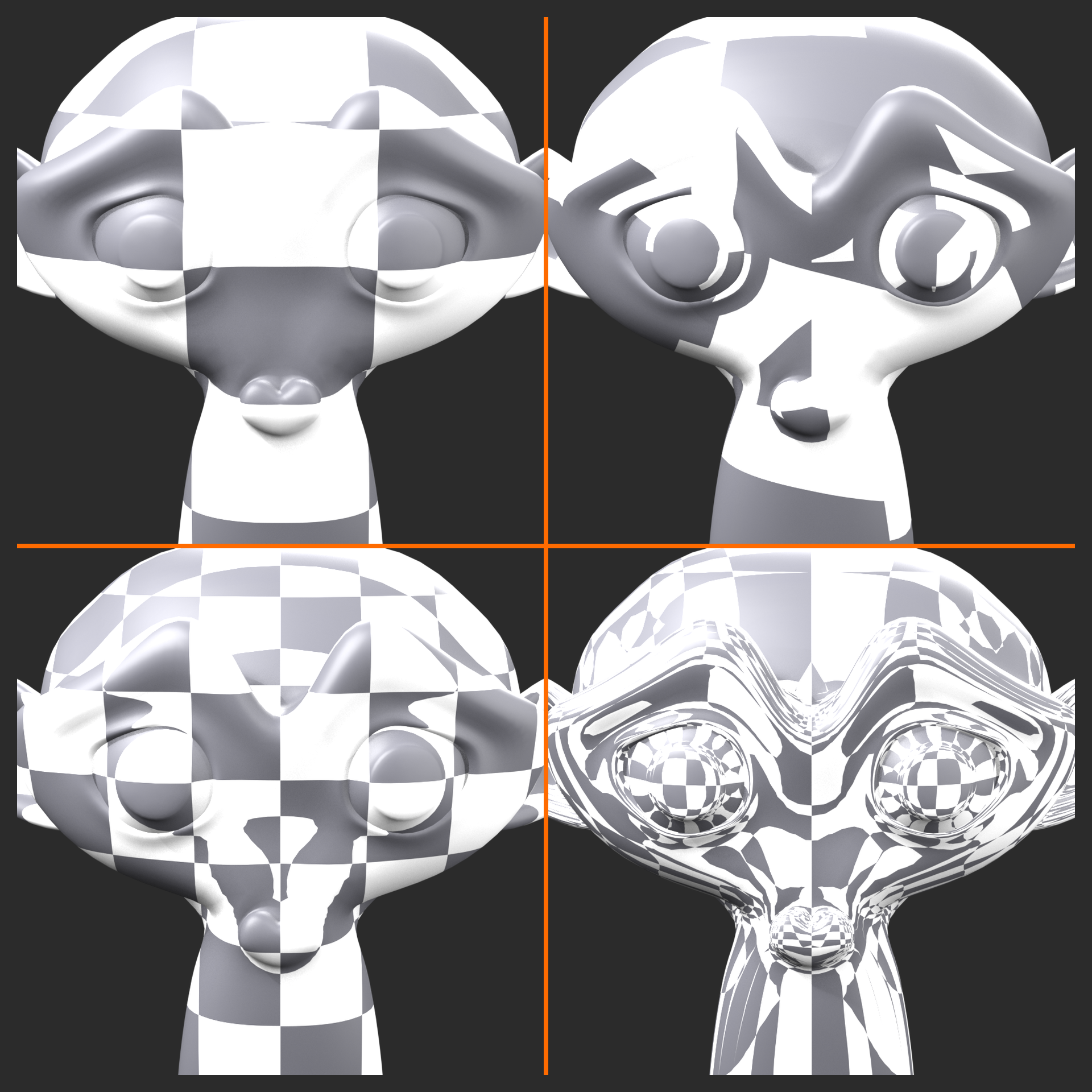 Checker texture on Suzanne shown with Generated, UV, Object, and Normal coordinates in a grid