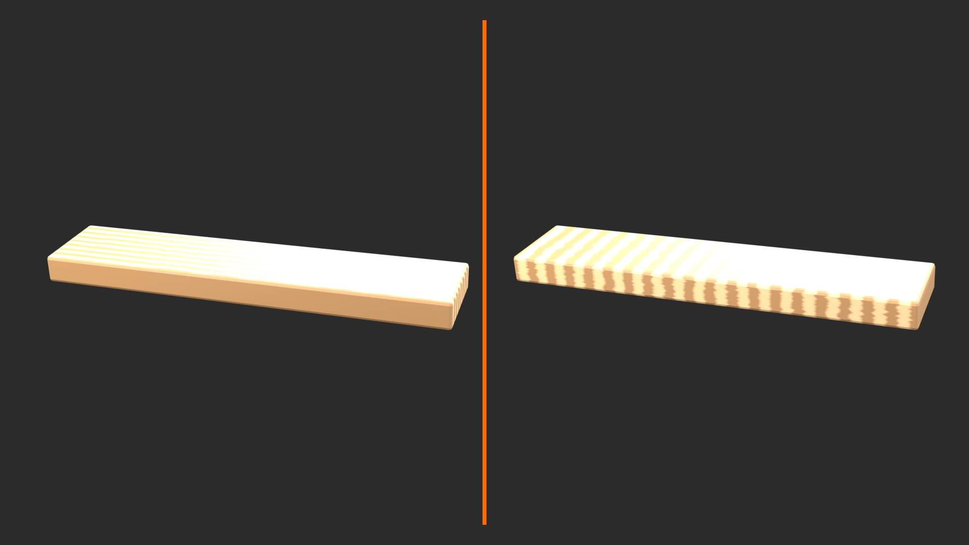 Wood plank with grain aligned correctly using Object coordinates and misaligned using Generated