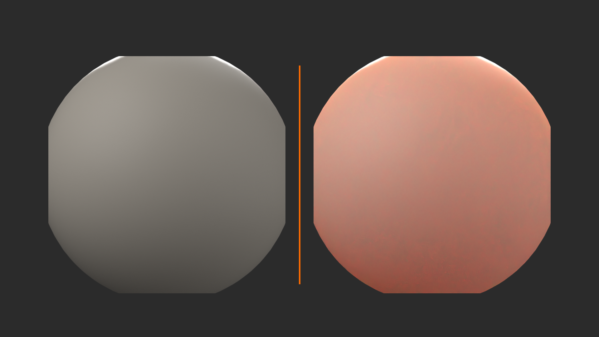Backlit sphere without subsurface scattering on the left and with it glowing on the right