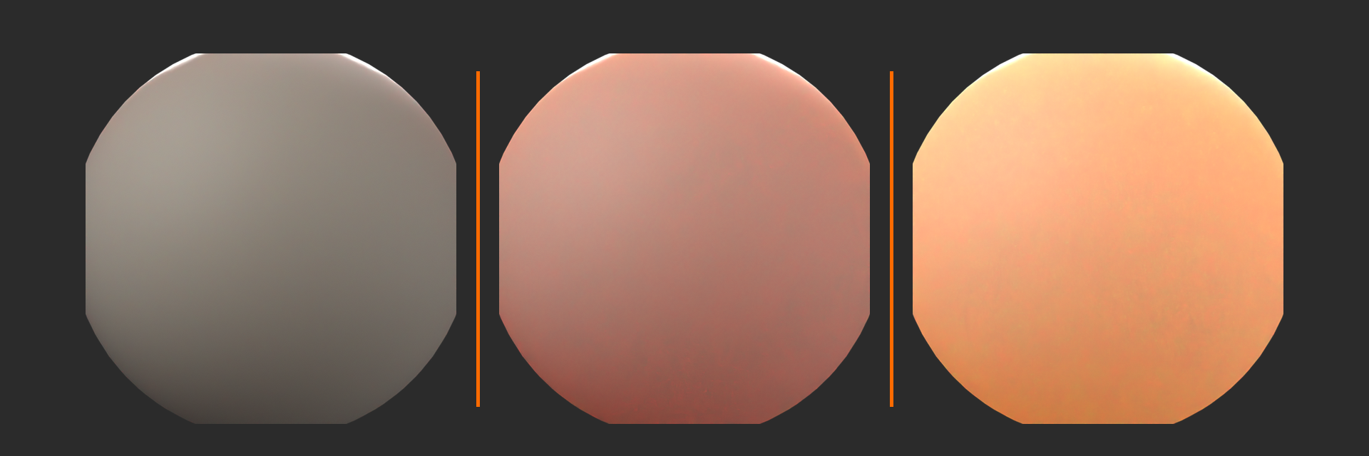 Three backlit spheres showing tight, medium, and wide subsurface scattering radius