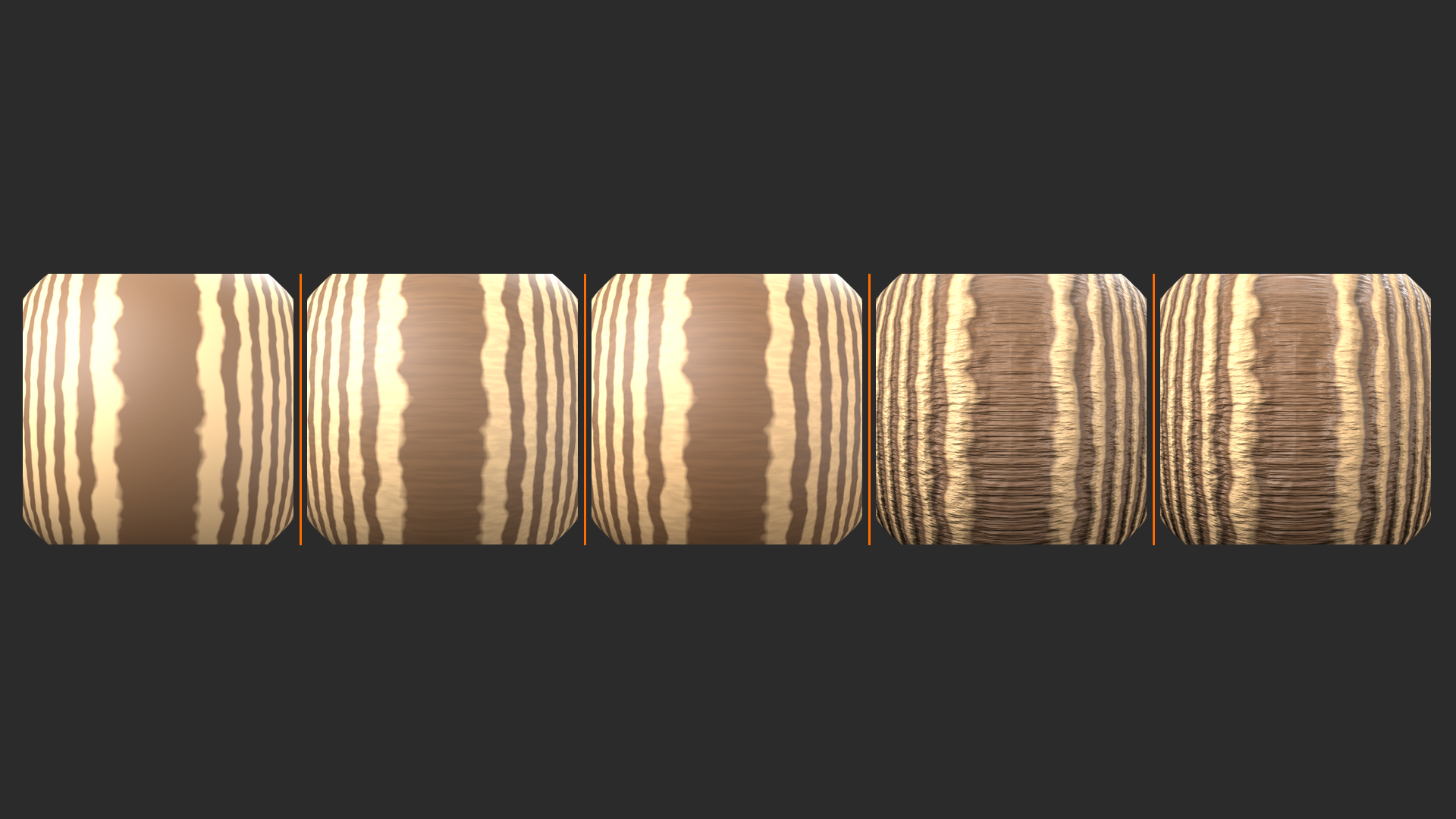 Five spheres showing wood built up from rings to grain to color to bump to final