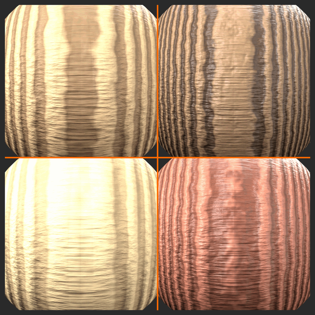 Grid of Oak, Walnut, Pine, and Mahogany procedural wood samples