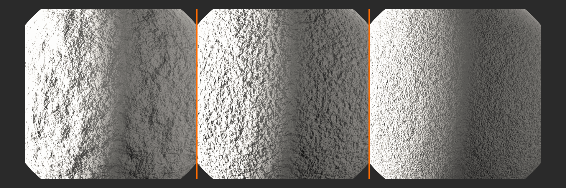 Three raking-lit stone panels adding large relief, medium texture, then fine pits