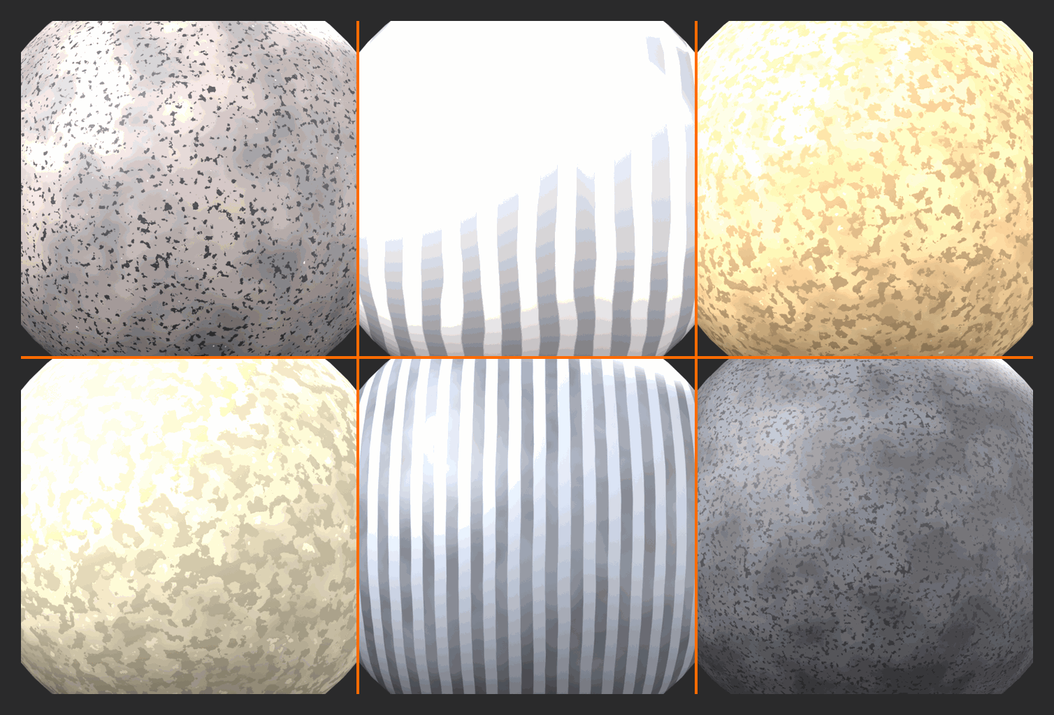 Grid of six procedural stones, Granite, Marble, Sandstone, Limestone, Slate, and Basalt